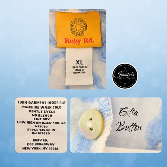 Ruby Rd. Blue & White Embroidered Trellis Pattern Button Front Blouse Size XL - Picture 12 of 14